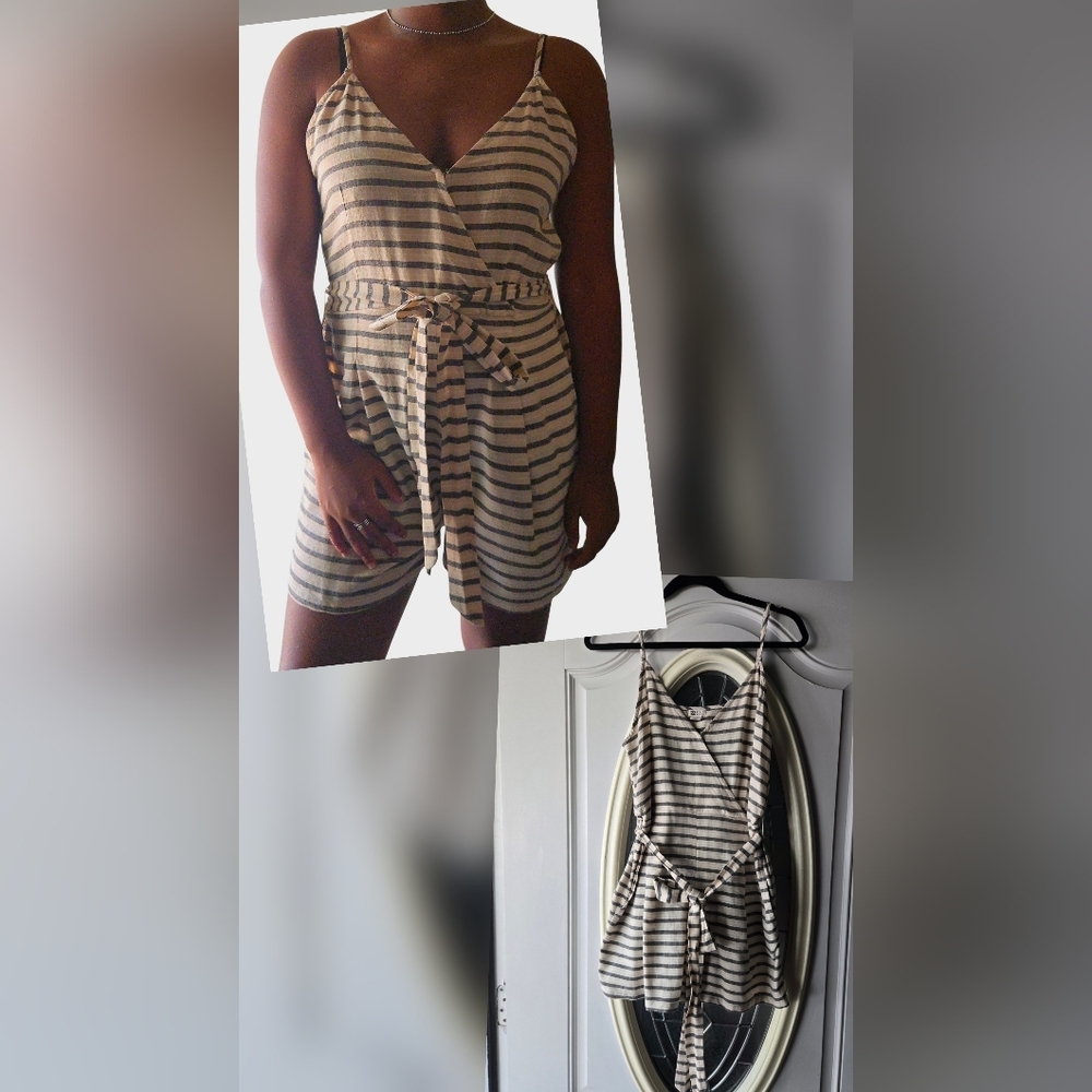 Billabong Black And Tan Striped Tank Romper- Size Large
